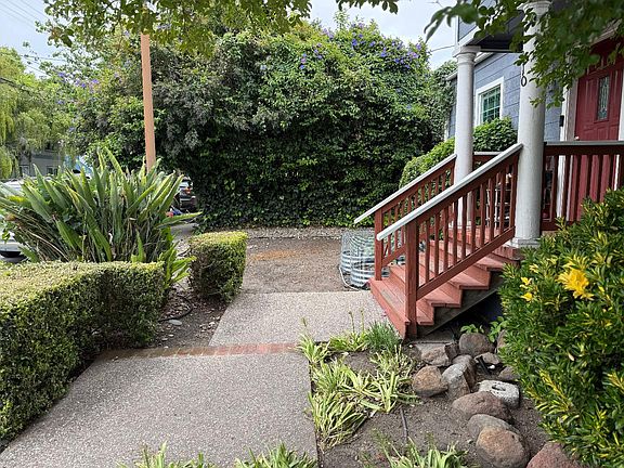 The side approach to 310 Oak Ave from the path, a tall hedge of dark green ivy on the left, a low boxwood border, mature succulents, and the porch and red door on the right